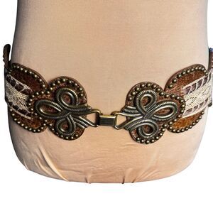 Leatherock USA 7267 Wide Stretch Waist Belt Brown Leather Bronze Buckle Boho L